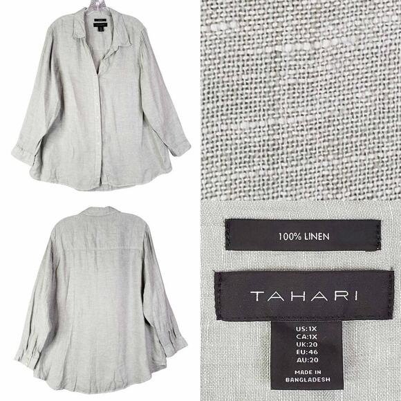 Tahari Shirt Linen Button Up Women’s Plus Size 1X Long Sleeve Green - Picture 1 of 9